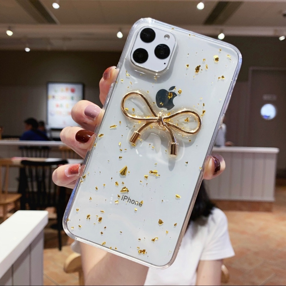 iPhone Clear Gold Glitter Bow Case